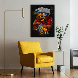 Retro Bear With Cheese Grater Hat and Sunglasses Poster