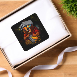 Retro Bear With Cheese Grater Hat and Sunglasses Square Sticker