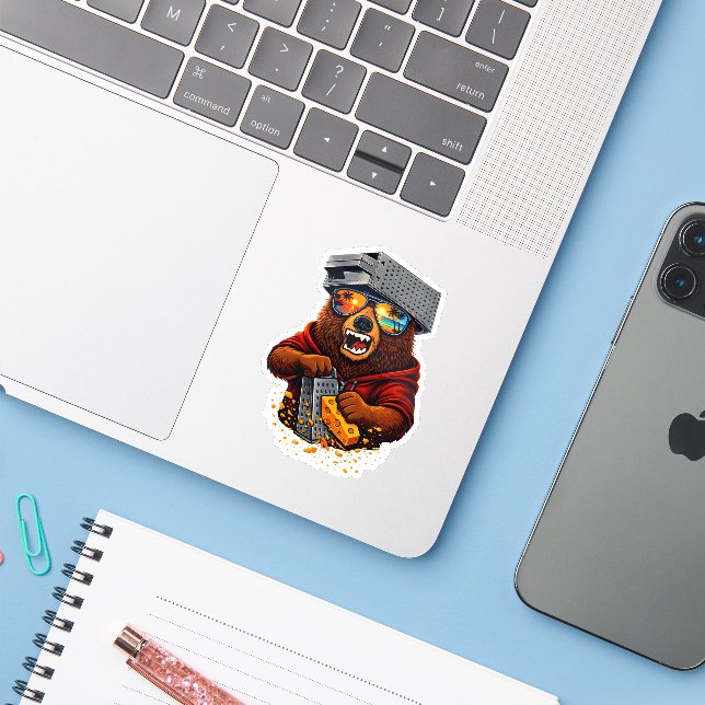 Retro Bear With Cheese Grater Hat and Sunglasses Sticker (Laptop w/ iPhone)