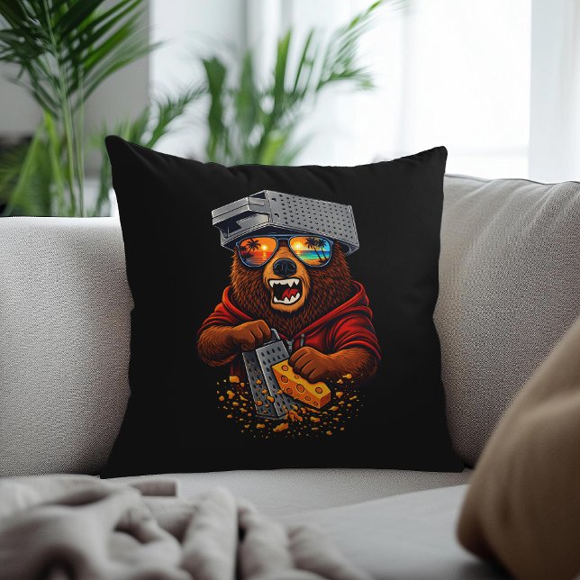 Retro Bear With Cheese Grater Hat and Sunglasses Throw Pillow (Creator Uploaded)