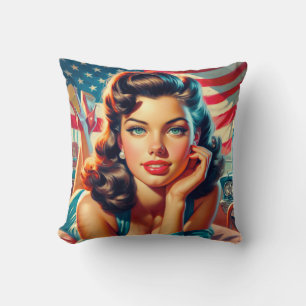 Retro Beautiful American Girl Throw Pillow