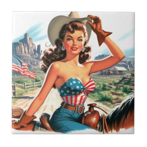 Retro Beautiful Cowgirl Pin Up Ceramic Tile