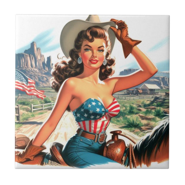 Retro Beautiful Cowgirl Pin Up Ceramic Tile (Front)