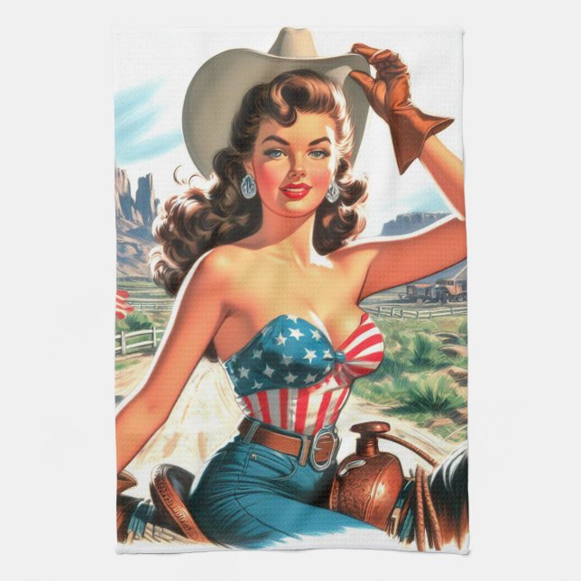 Retro Beautiful Cowgirl Pin Up Kitchen Towel (Vertical)