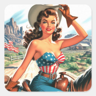Retro Beautiful Cowgirl Pin Up Square Sticker