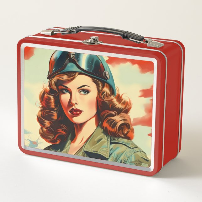 Retro Beautiful Female Soldier Metal Lunch Box (Front)