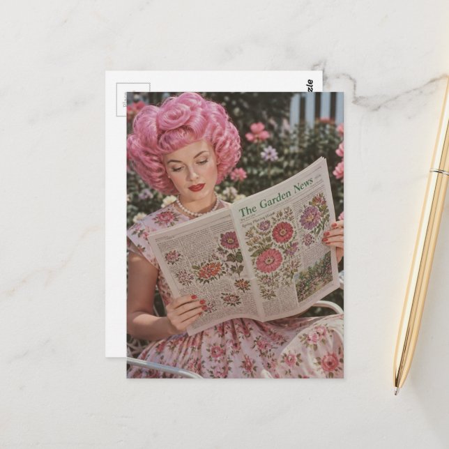 Retro Beautiful Pink Hair Lady Reading in Garden Postcard (Front/Back In Situ)