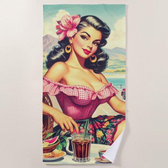 Retro Beauty Hispanic Girl Beach Towel (Front)
