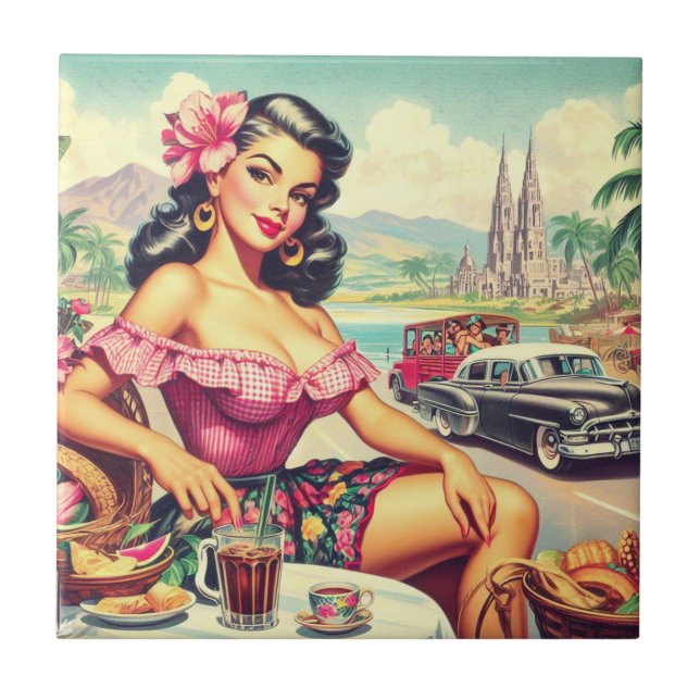 Retro Beauty Hispanic Girl Ceramic Tile (Front)