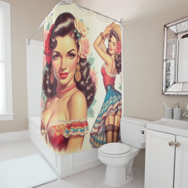 Retro Beauty Mexican Woman Shower Curtain (In Situ)