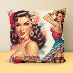 Retro Beauty Mexican Woman Throw Pillow