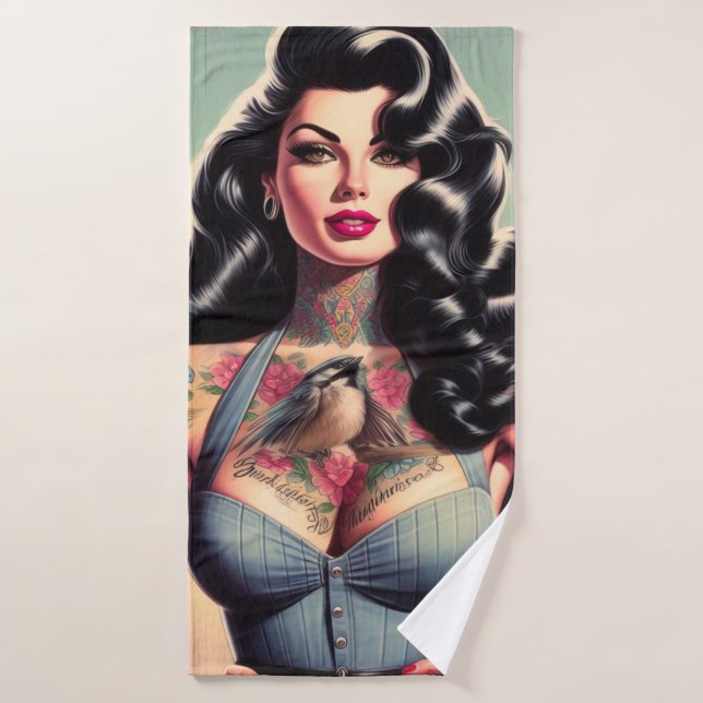 Retro Beauty Tattooed Pin up Bath Towel (Bath Towel)