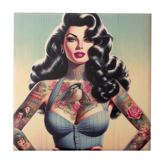 Retro Beauty Tattooed Pin up Ceramic Tile (Front)