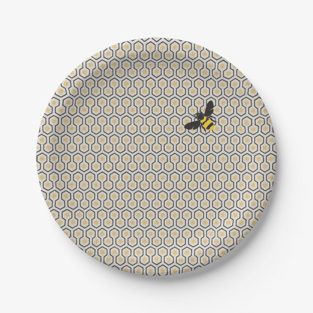 Retro Bee and Honeycomb Grid Pattern Paper Plates (Front)