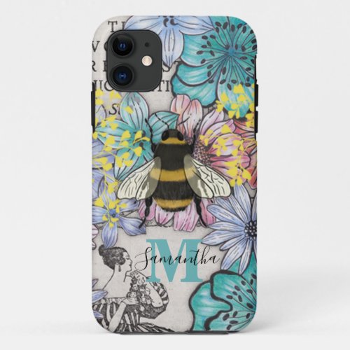 Retro Bee Floral Monogram iPhone Case