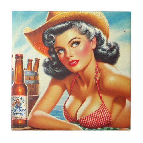 Retro Beer Country Girl Ceramic Tile