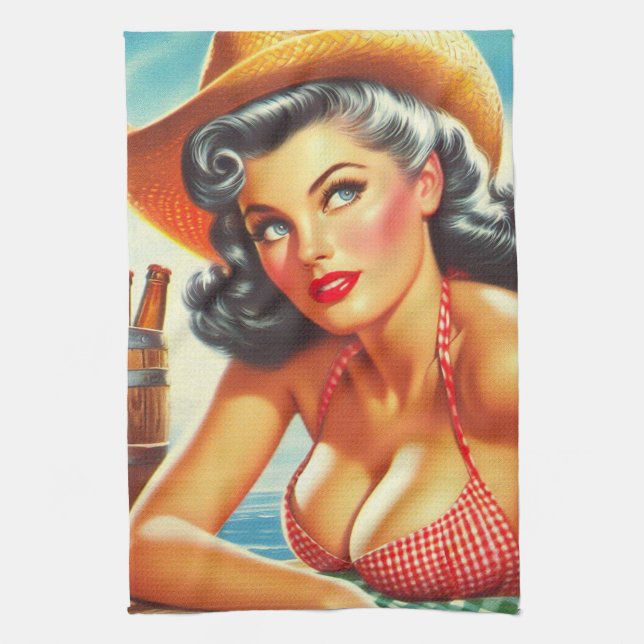 Retro Beer Country Girl Kitchen Towel (Vertical)