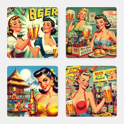 Retro Beer Girls Illustration Coaster Set