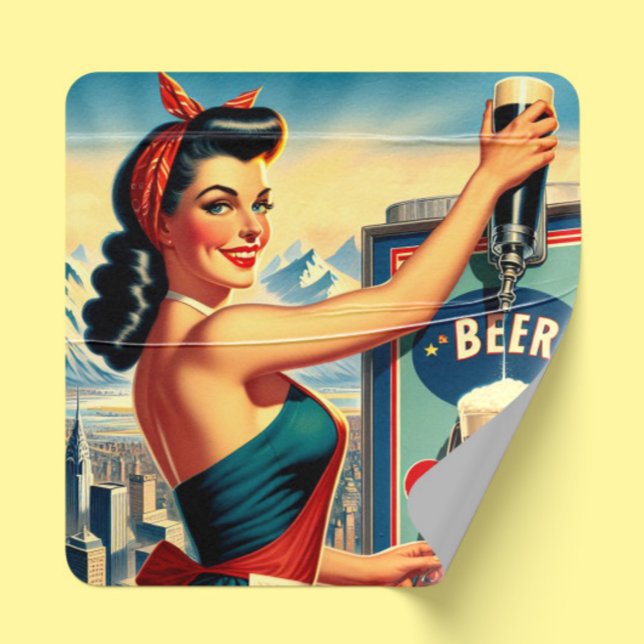 Retro Beer Pinup Square Sticker (Creator Uploaded)