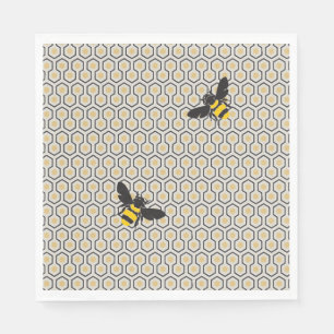 Retro Bees and Honeycomb Grid Pattern Paper Napkins