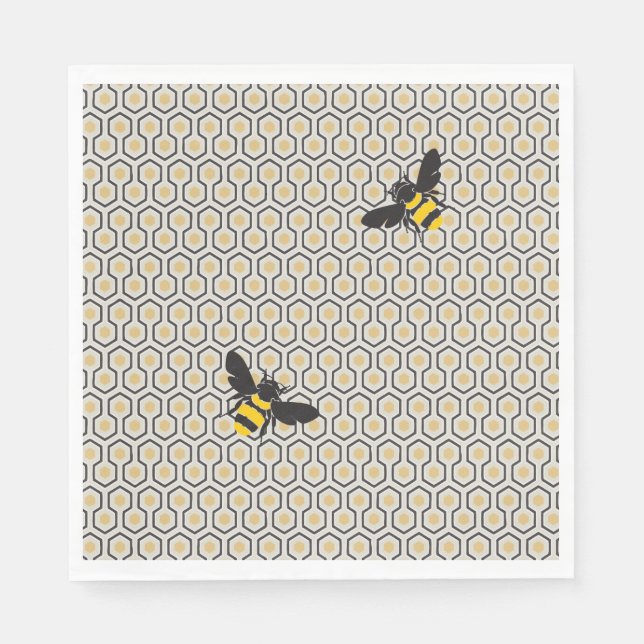 Retro Bees and Honeycomb Grid Pattern Paper Napkins (Front)