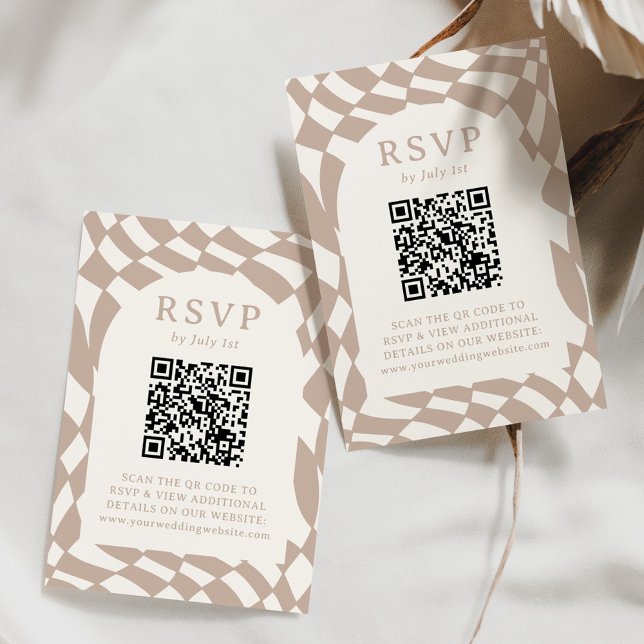 Retro Beige Checkerboard QR Code Wedding RSVP Card (Creator Uploaded)