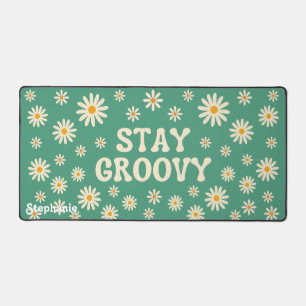 Retro Beige Daisies Stay Groovy Green Script Name Desk Mat