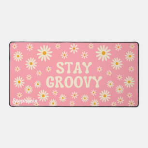 Retro Beige Daisies Stay Groovy Pink Script Name Desk Mat