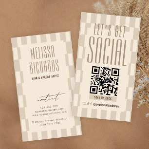 Retro Beige Groovy Social Media Scannable QR Code Business Card