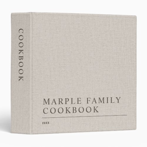 Retro Beige Linen Faux Minimalist Family Cookbook 3 Ring Binder