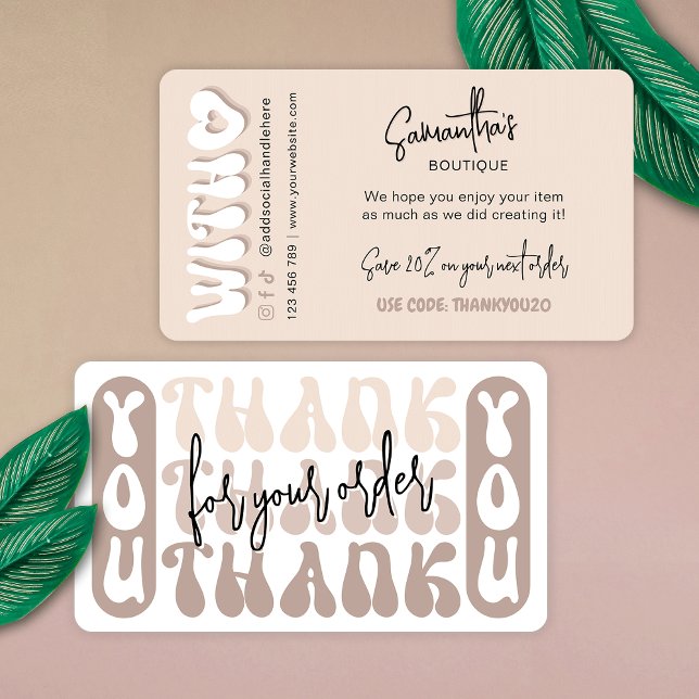 Retro Beige Modern Business Thank You Discount Enclosure Card (Trendy retro beige business thank you package inserts with groovy fonts and custom thank you message)