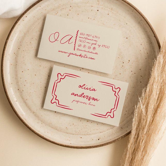 Retro Beige Red Handwritten Drawn Unique Girly Business Card (Creator Uploaded)