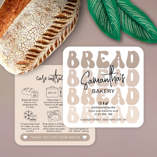 Retro Beige Trendy Sourdough Bread Care Cards (Retro beige fresh bread care instructions cards with icons and trendy groovy fonts)