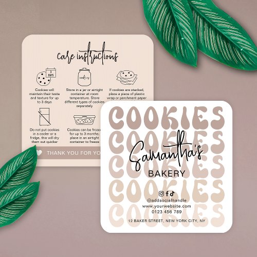 Retro Beige Trendy Sugar Cookies Care Instructions Square Business Card