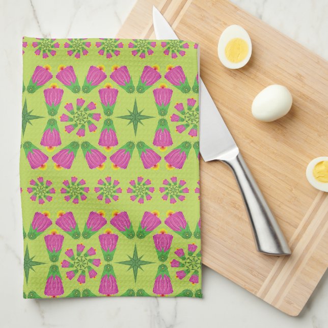 Retro Bell Flower Mandalas Green Kitchen Towel (Quarter Fold)