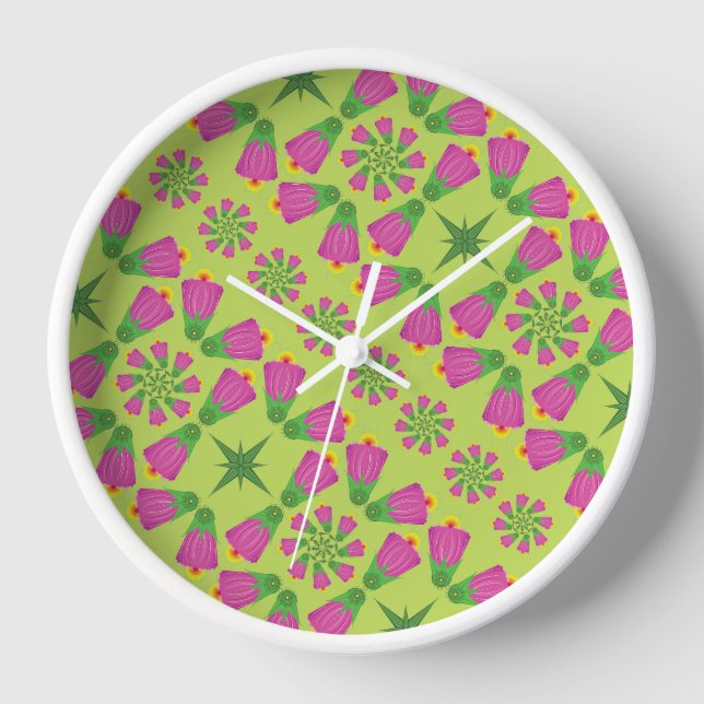Retro Bell Flower Mandalas Green Wood Framed Clock (Front)