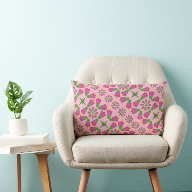 Retro Bell Flower Mandalas Pink Lumbar Pillow (Chair)