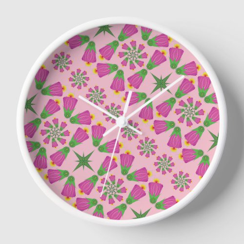 Retro Bell Flower Mandalas Pink Wood Framed Clock