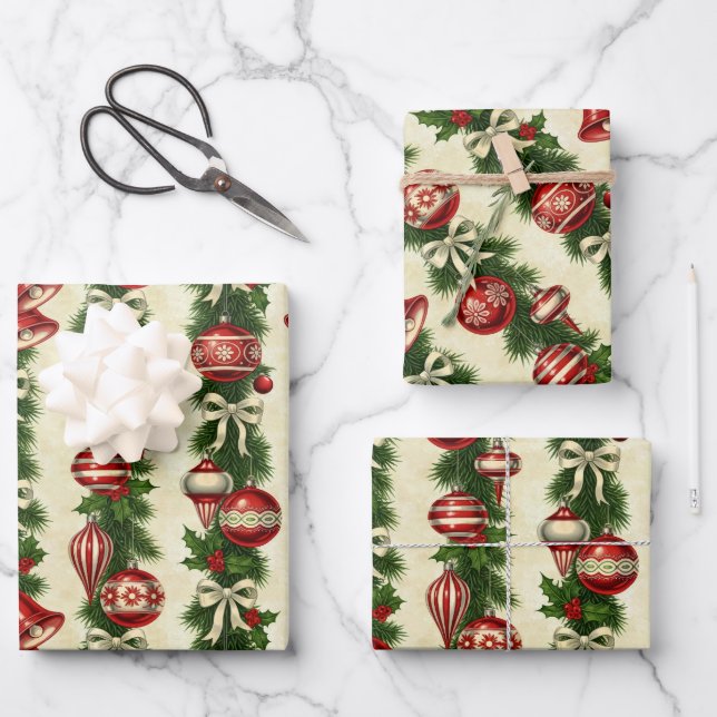  Retro Bells & Baubles Wrapping Paper Sheets (Front)