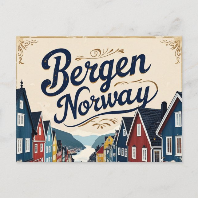 Retro Bergen Harbor View Postcard (Front)