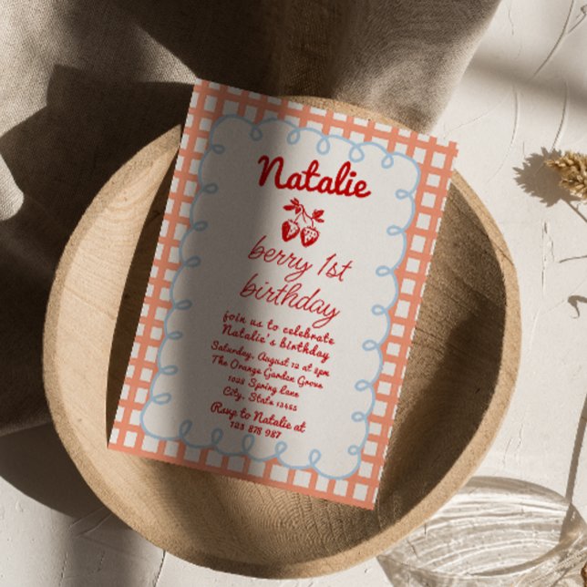 Retro Berry 1st Hand Drawn Strawberry Birthday  Invitation (Creator Uploaded)