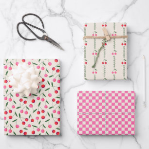 Retro Berry Cherry and Checkers on Cream Wrapping Paper Sheets