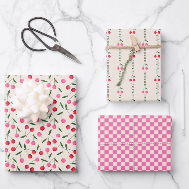Retro Berry Cherry and Checkers on Cream Wrapping Paper Sheets (Front)