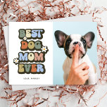 Retro Best Dog Mom Birthday Mothers Day Card<br><div class="desc">Treat a dog owner to this cool retro pet mothers day card featuring the saying 'BEST DOG MOM EVER' in a multi-color vintage 60s font, bold white flowers, a photo of their cute dog, and the pets name. This personalized greeting card would be perfect for mothers day or for someones...</div>