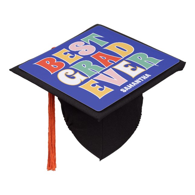 Retro Best Grad Ever Blue Graduation Cap Topper (Angled)