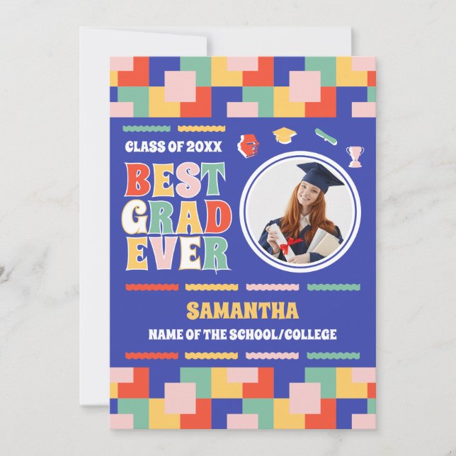 Retro Best Grad Ever Photo Blue Graduation  Announcement (Front)