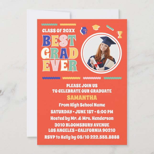 Retro Best Grad Ever Photo Red Graduation Party Invitation (Front)