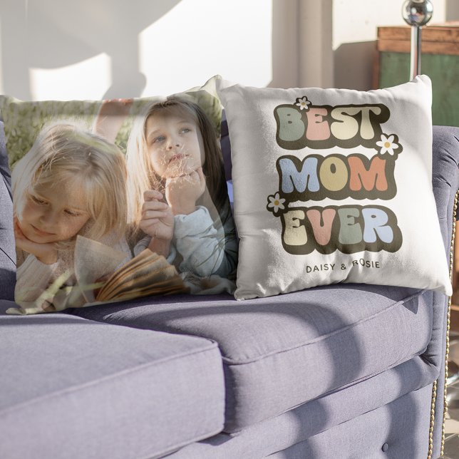 Retro Best Mom Ever Photo Throw Pillow (Creator Uploaded)