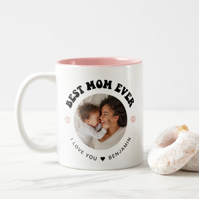 Retro Best Mom Ever | Photo Two-Tone Coffee Mug (With Donut)