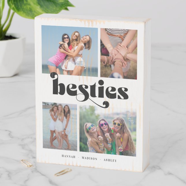 Retro Besties 4 Photo Friends Collage Wooden Box Sign (In Situ Vertical)